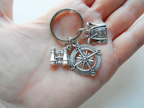 Compass Charm Keychain with Binoculars & Backpack Charm, Camping Keychain