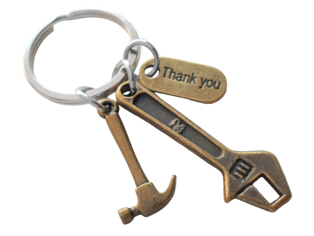 Bronze Wrench & Hammer Charm Keychain with Thank You Charm; Builders, Construction Employee Team, Plumber Keychain by JewelryEveryday