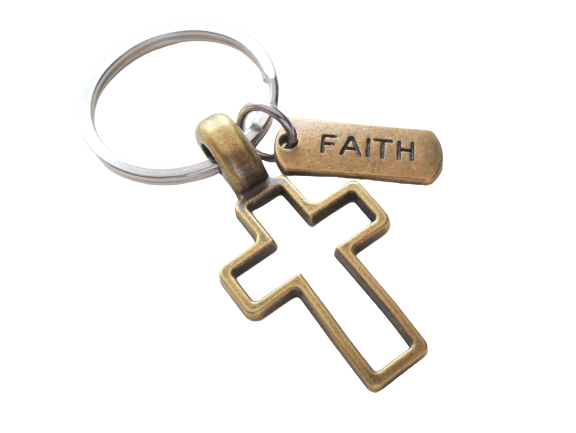 Bronze Cross Charm Keychain with Word Tag Charm, Religious Keychain