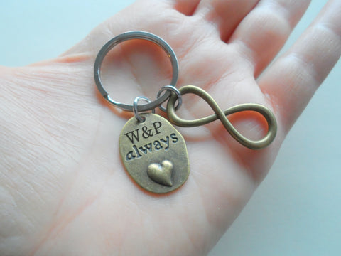 Bronze Infinity Charm Keychain With "Always" Tag & Custom Engraved Initials, Couples Anniversary by Jewelry Everyday