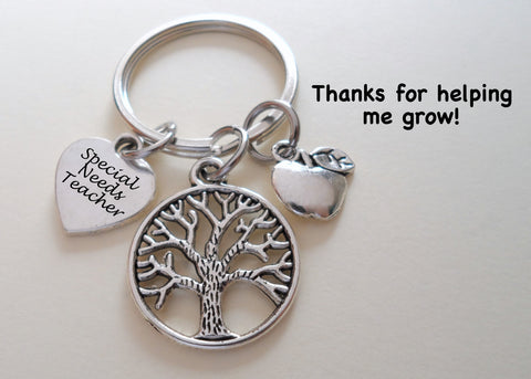 Teacher Appreciation Gift - "Special Needs Teacher" Disk, Tree & Apple Charms Keychain with "Thanks for helping me grow!" Card by Jewelry Everyday