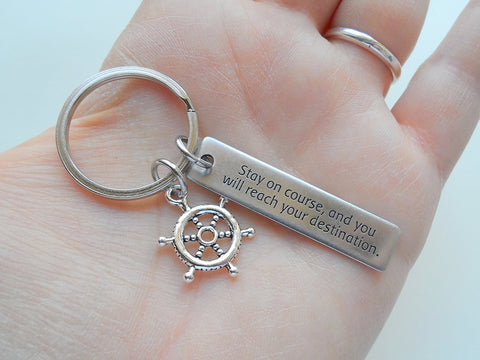 Stay on Course & Reach Your Destination - Steel Tag Engraved With Ships Helm Charm by Jewelry Everyday
