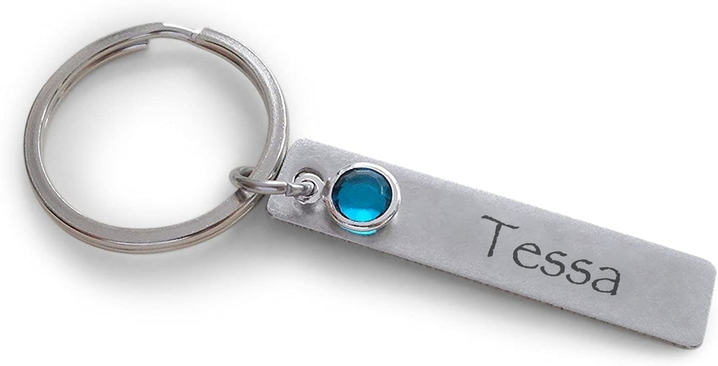 Custom Engraved Stainless Steel Tag Keychain with Birthstone Charm
