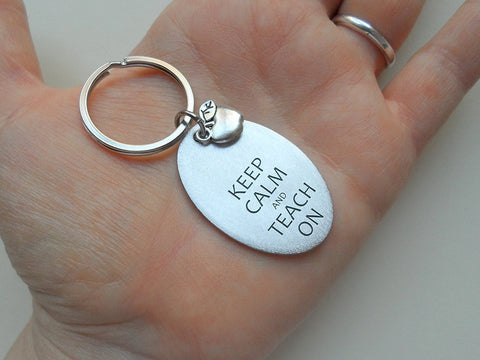 Teacher Appreciation Gift - "KEEP CALM and TEACH ON" Aluminum Oval Tag & Apple Charm Keychain by Jewelry Everyday