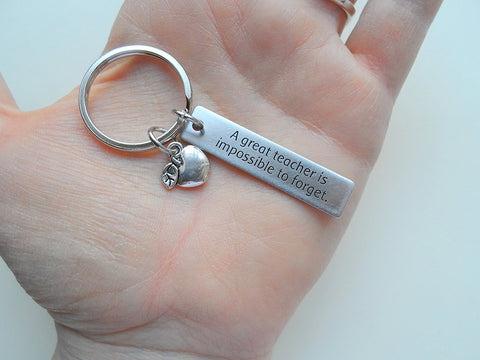 Teacher Appreciation Gift - "A great teacher is impossible to forget" Stainless Steel Tag & Apple Charm Keychain by Jewelry Everyday