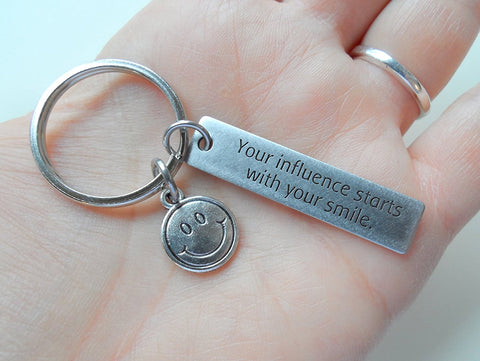 Teacher Appreciation Gift - "Your influence starts with your smile" Stainless Steel Tag & Smiley Face Charm Keychain by Jewelry Everyday