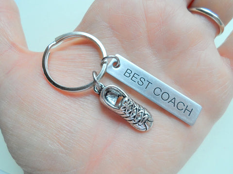 Track Coach Appreciation or Student Gift - Custom Engraved Steel Tag Keychain with Running Shoe Charmwelry Everyday by Jewelry Everyday