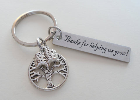 Teacher Appreciation Gift - "Thanks for helping us grow!" Engraved Steel Rectangle Tag with Tree & Book Charm Keychain by Jewelry Everyday