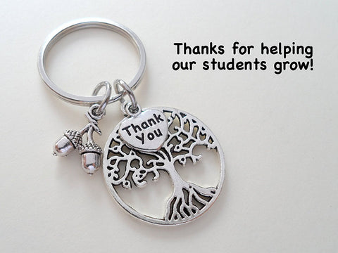 Teacher Appreciation Gift - "Thank You" Tag, Tree, & Seeds Keychain with "Thanks for helping our students grow!" Card by Jewelry Everyday