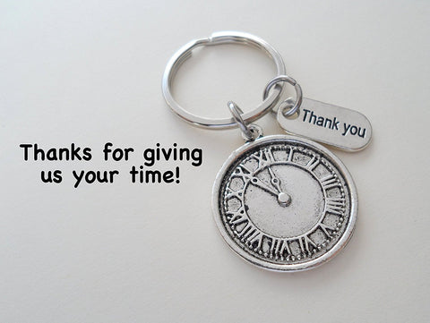 Volunteer Appreciation Gift - "Thank You" Tag & Silver Clock Charm Keychain with "Thanks for giving us your time!" Card by Jewelry Everyday