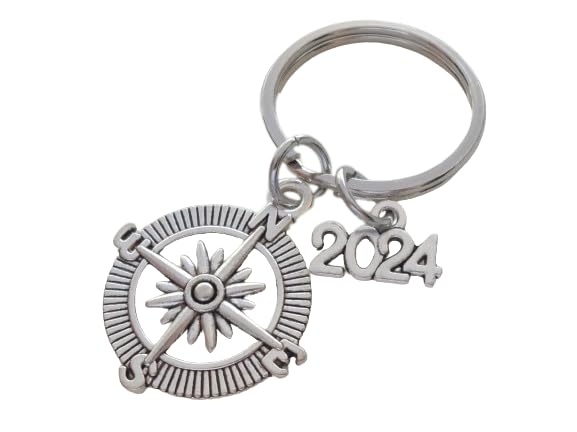 Good Luck on the Path Ahead of You Open Metal Compass Keychain with Year Charm, Graduation Gift Keychain