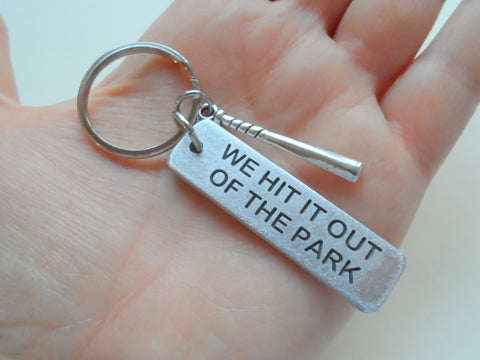 We Hit It Out of the Park Engraved Aluminum Tag Keychain with Baseball Bat; 10 Year Anniversary Couples Keychain by Jewelry Everyday