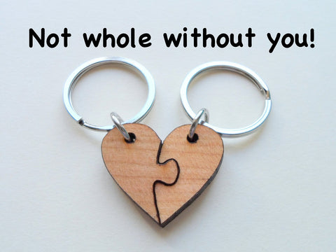 5 Year Anniversary Gift - Wood Heart Pieces Connecting Keychain Set - Not Whole Without You by Jewelry Everyday