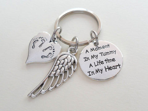 A Moment in My Tummy A Lifetime in My Heart, Twin Babies Memorial Keychain, Twins Feet Heart Charm & Wing Charm by Jewelry Everyday