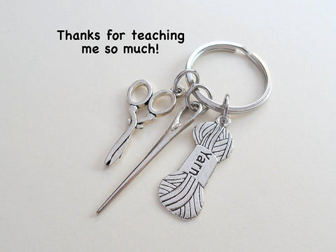 Teacher Appreciation Gift - Yarn, Needle, & Scissors Keychain with "Thanks for teaching me so much!" Card by Jewelry Everyday