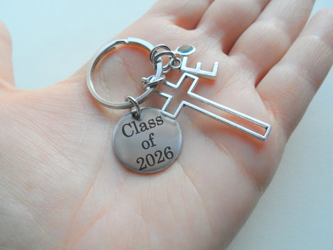 Custom Cross Charm Keychain with Class of 2026 Disc and Letter & Birthstone Charm