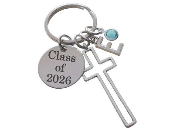 Custom Cross Charm Keychain with Class of 2026 Disc and Letter & Birthstone Charm