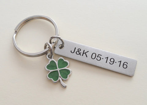 Personalized Stainless Steel Tag Keychain and Green Clover Charm, Custom Engraved Keychain; Couples Keychain, Anniversary Keychain by Jewelry Everyday