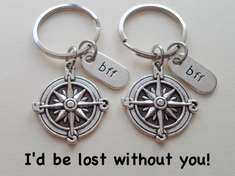 Double BFF Compass Keychains - I'd Be Lost Without You; Best Friends Keychain Gift by Jewelry Everyday