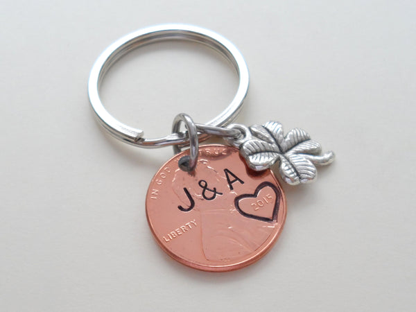 Anniversary Gift • Personalized Penny Keychain Stamped w/ Heart Around the Year & Initials with Anniversary Date & Clover Charm