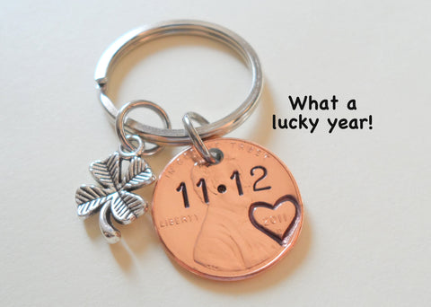 Anniversary Gift • Personalized Penny Keychain Stamped w/ Heart Around the Year & Initials with Anniversary Date & Clover Charm