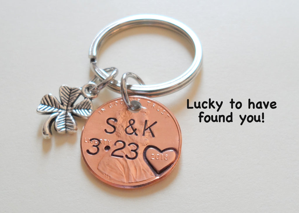 Anniversary Gift • Personalized Penny Keychain Stamped w/ Heart Around the Year & Initials with Anniversary Date & Clover Charm