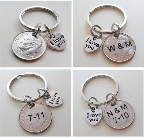 10 Year Anniversary Gift - Dime Keychain with I love You Charm, Custom Options by Jewelry Everyday