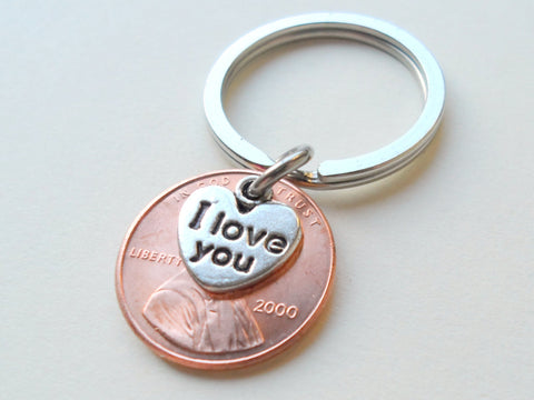25 Year Anniversary Gift - 2000 Penny Keychain with "I Love You" Heart Charm by Jewelry Everyday