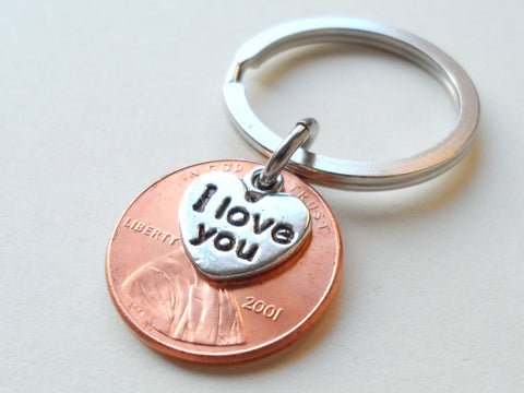 24 Year Anniversary Gift - 2001 Penny Keychain with "I Love You" Heart Charm by Jewelry Everyday