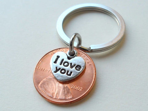 2002 Penny Keychain - 23 year Anniversary Gift with "I Love You" Heart Charm by Jewelry Everyday