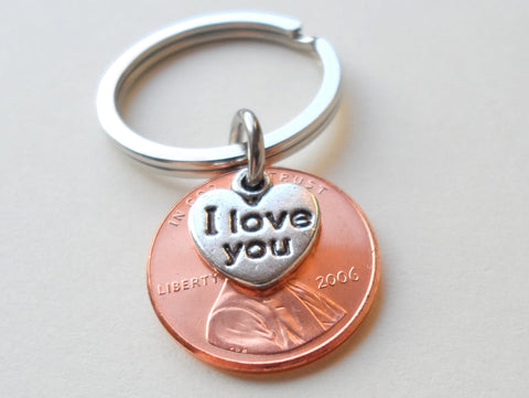 2006 Penny Keychain - 19 year Anniversary Gift with "I Love You" Heart Charm by Jewelry Everyday