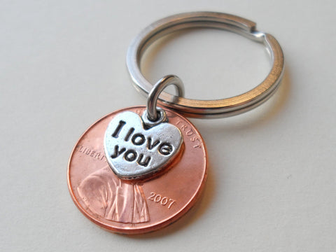 18 Year Anniversary Gift - 2007 Penny Keychain with "I Love You" Heart Charm by Jewelry Everyday