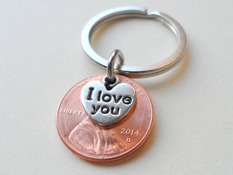 2014 Penny Keychain •11 Year Anniversary Gift with "I Love You" Heart Charm from JE by Jewelry Everyday