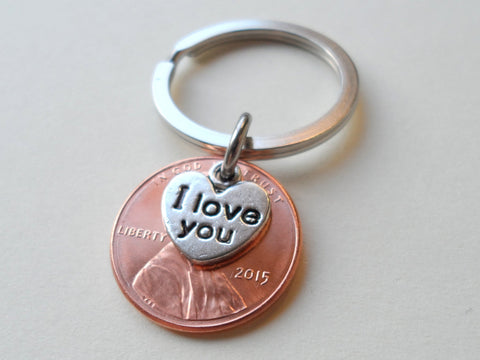 2015 Penny Keychain - 10 Year Anniversary Gift with "I Love You" Heart Charm from JE by Jewelry Everyday