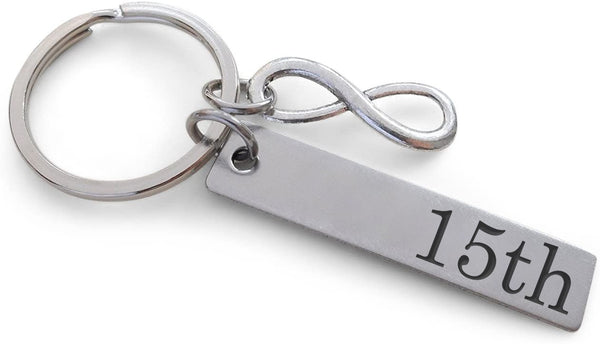 Small Stainless Steel Tag Keychain Engraved with "15" with Infinity Charm, Gift for Couples 15 Year Anniversary