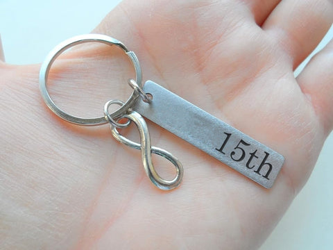 Small Stainless Steel Tag Keychain Engraved with "15" with Infinity Charm, Gift for Couples 15 Year Anniversary