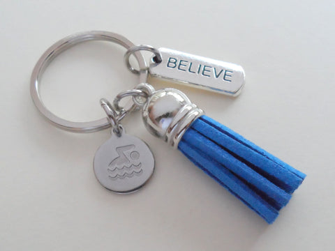Swimmer Charm, Believe Tag, and Blue Tassel Charm Keychain, Swim Keychain, Swimming Fitness Encouragement Keychain by Jewelry Everyday