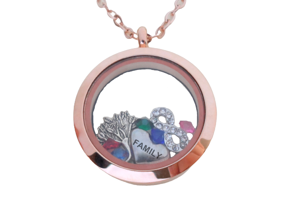 Personalized Rose Gold Circle Locket Necklace w/ Charms
