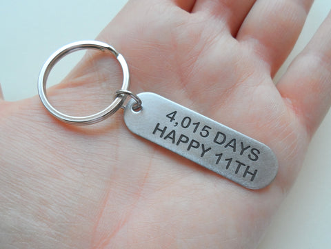 Stainless Steel Tag Keychain Engraved with "4,015 Days Happy 11th"; 11 Year Anniversary Couples Keychain by Jewelry Everyday
