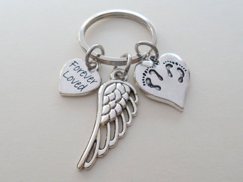 Twins Baby Feet Charm & Wing Charm Keychain with a Forever Loved Heart Charm, Twin Babies Loss Memorial Keychain by Jewelry Everyday