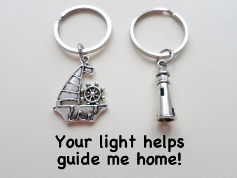 Sailboat & Lighthouse Keychain Set - Your Light Helps Guide Me Home; Couples Keychains, Mother Daughter or Father Son by Jewelry Everyday