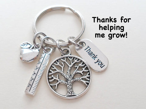 Small Tree Keychain Appreciation Gift, With Ruler, Apple & Thank You Charm - Thanks for Helping Me Grow by Jewelry Everyday