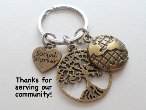 Social Worker Gift Keychain with Bronze Tree and World Charm, Community Advocate Gift, Thank you Gift by Jewelry Everyday