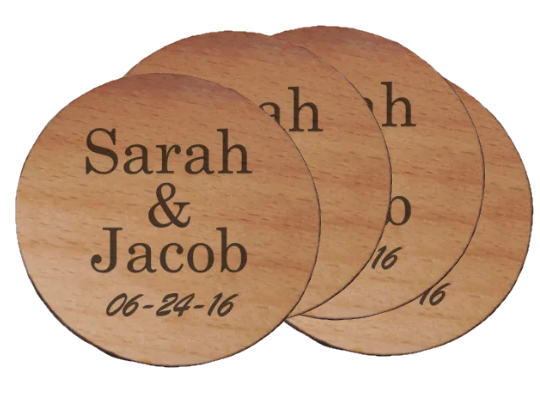 Set of 4 Custom Engraved Wood Coasters, Couples Anniversary or Wedding Day Gift