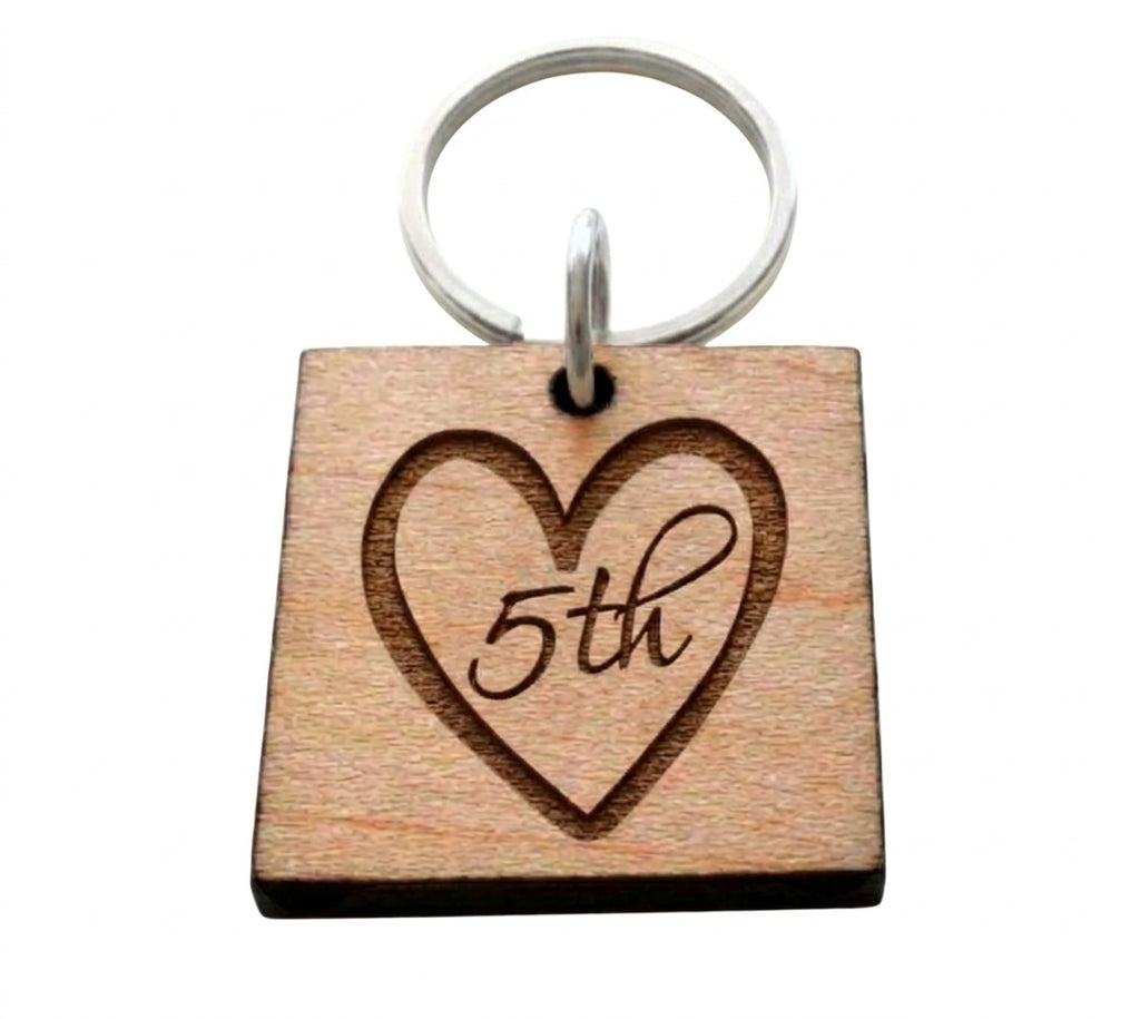 5 Year Anniversary Wood Keychain, 5th Heart Image Engraved by JewelryEveryday