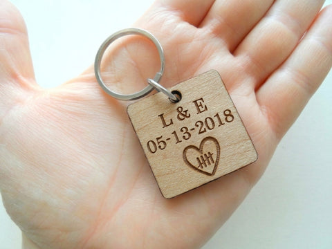 5 Year Anniversary Wood Keychain, Custom Engraved and with 5 Tally Marks Heart Image by JewelryEveryday