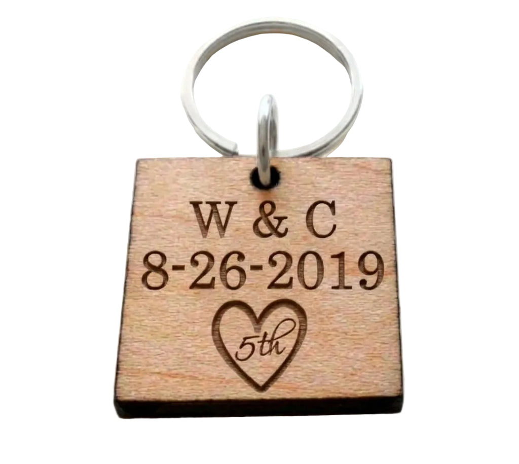 5 Year Anniversary Wood Keychain, Custom Engraved and with 5th Heart Image by JewelryEveryday