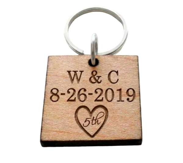 5 Year Anniversary Wood Keychain, Custom Engraved and with 5th Heart Image by JewelryEveryday