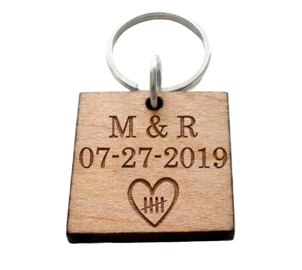5 Year Anniversary Wood Keychain, Custom Engraved and with 5 Tally Marks Heart Image by JewelryEveryday