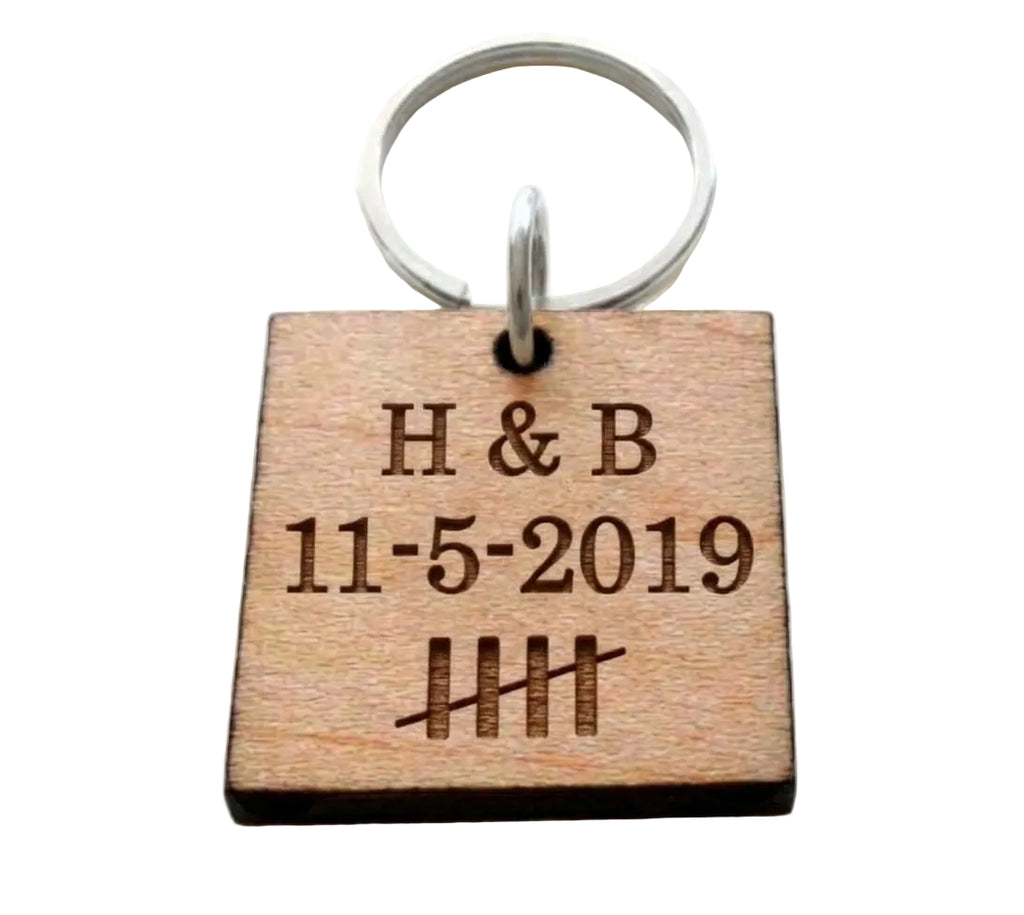 5 Year Anniversary Wood Keychain, Custom Engraved and with 5 Tally Marks by JewelryEveryday